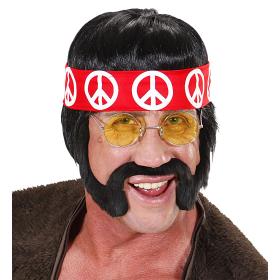 Cabeleira hippie preta, com patilhas e bigode